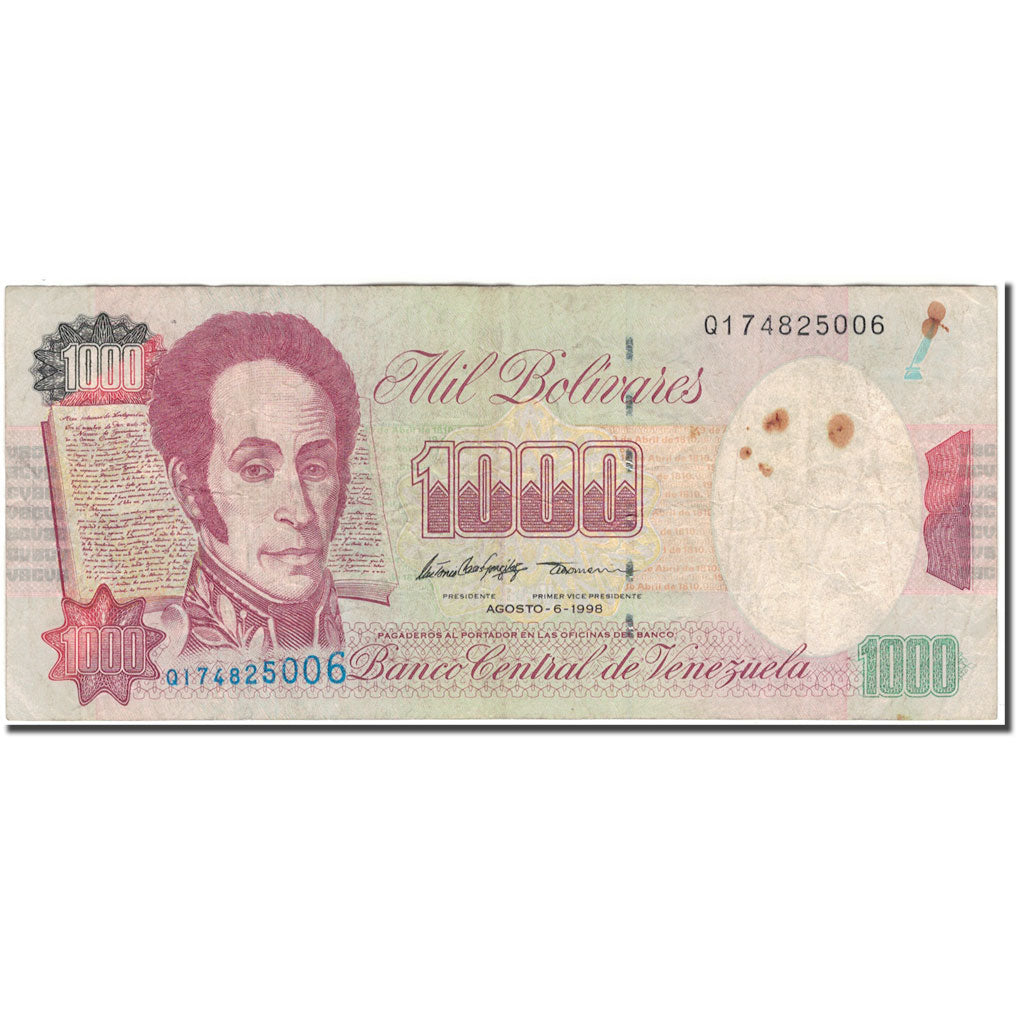 Banknote, Venezuela, 1000 Bolivares, 1998-08-06, KM:76d, VF(20-25)