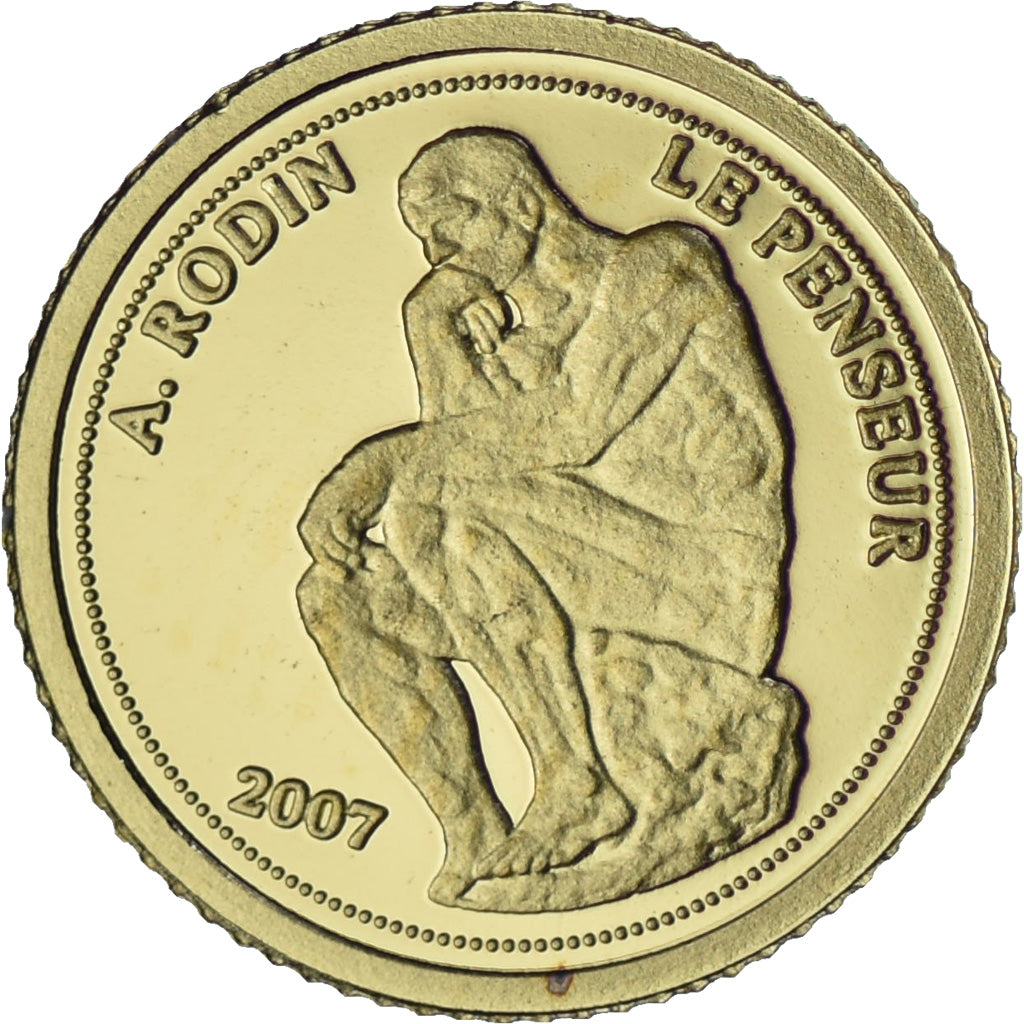 Benin, 1500 Francs CFA, Le Penseur de Rodin, 2007, Gold, MS(65-70)