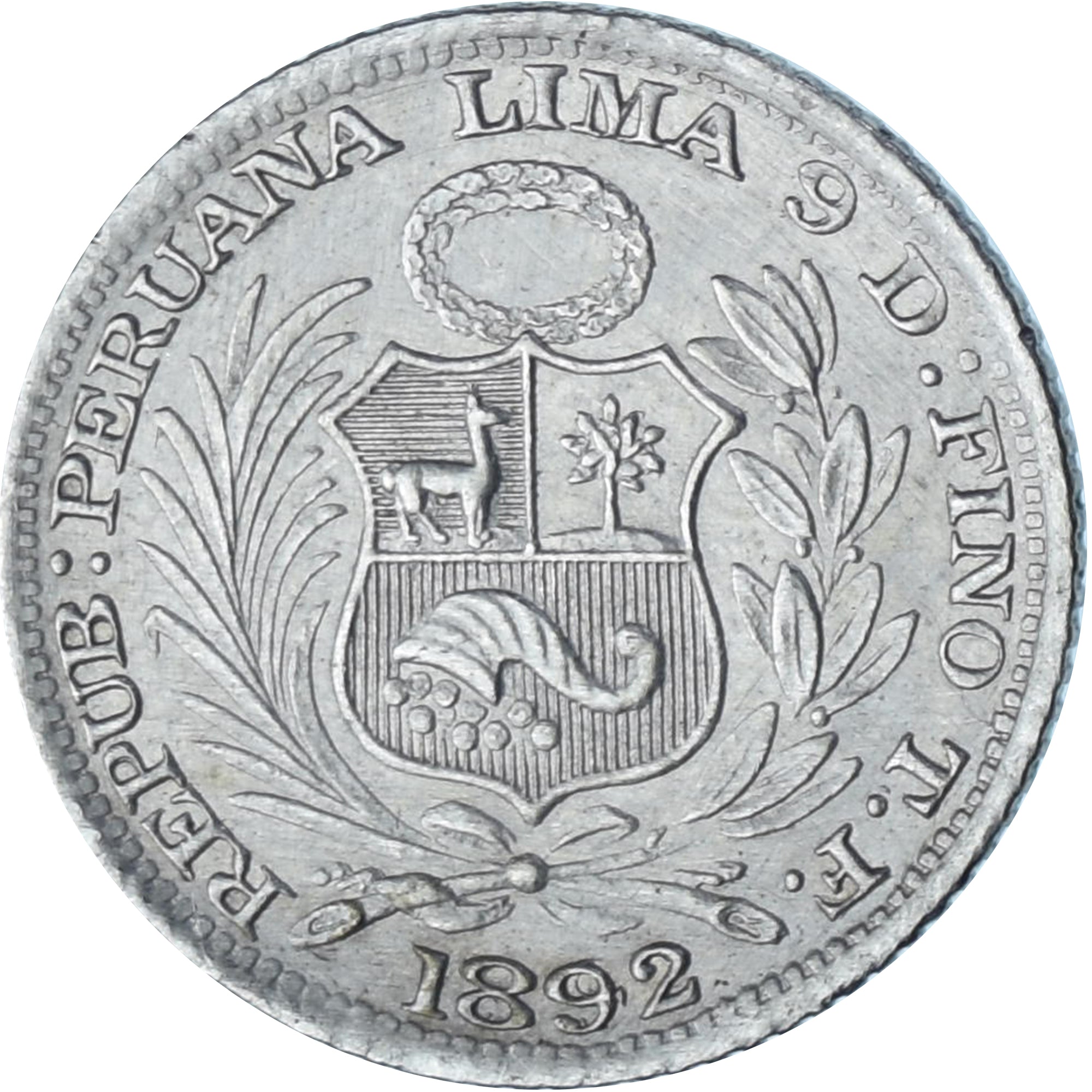 Perú, 1/2 Dinero, 1892, Lima, Plata, SC, KM:206.1