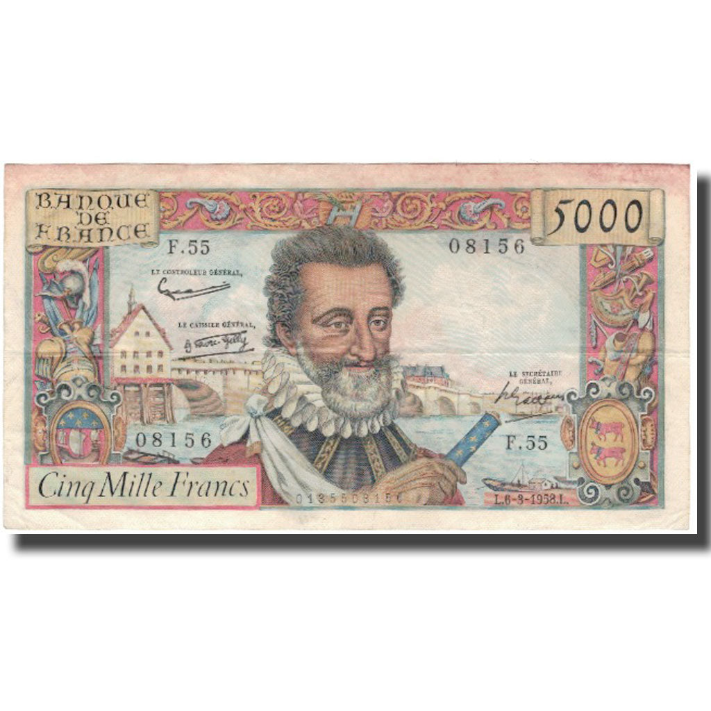 Francia, 5000 Francs, Henri IV, 1958-03-06, BC+, Fayette:49.6, KM:135a