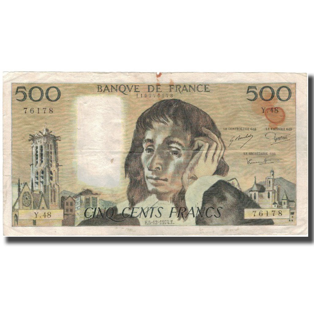 France, 500 Francs, Pascal, 1974-12-05, B+, Fayette:71.12, KM:156c