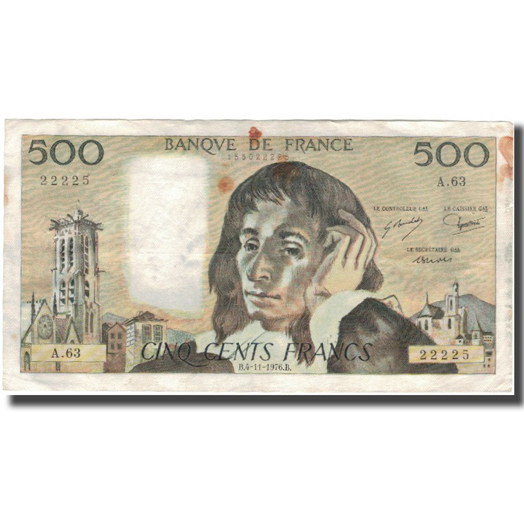 France, 500 Francs, Pascal, 1976-11-04, VF(20-25), Fayette:71.15, KM:156d