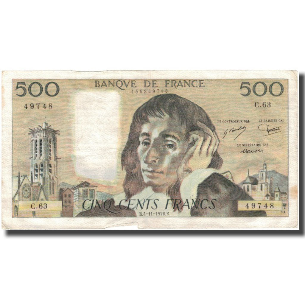 France, 500 Francs, Pascal, 1976-11-04, VF(30-35), Fayette:71.15, KM:156d