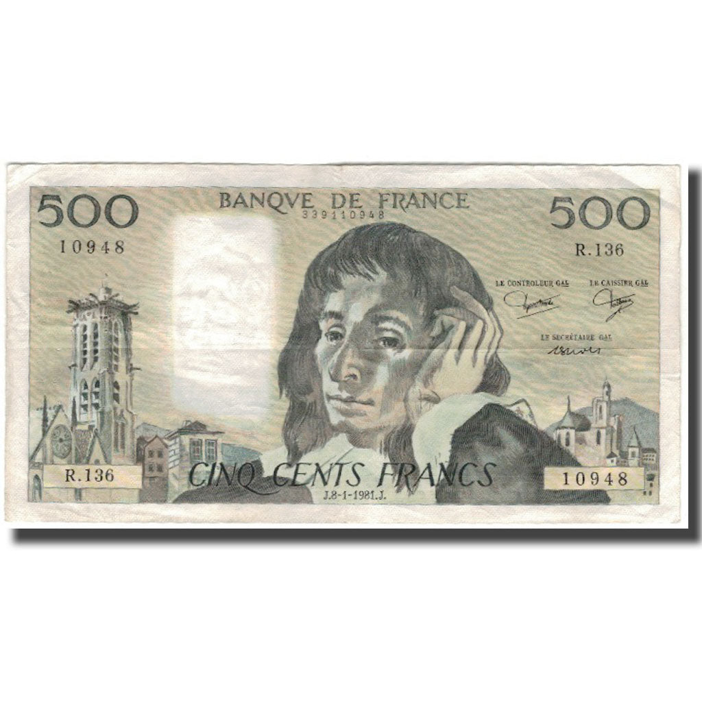 France, 500 Francs, Pascal, 1981-01-08, TB+, Fayette:71.23, KM:156e