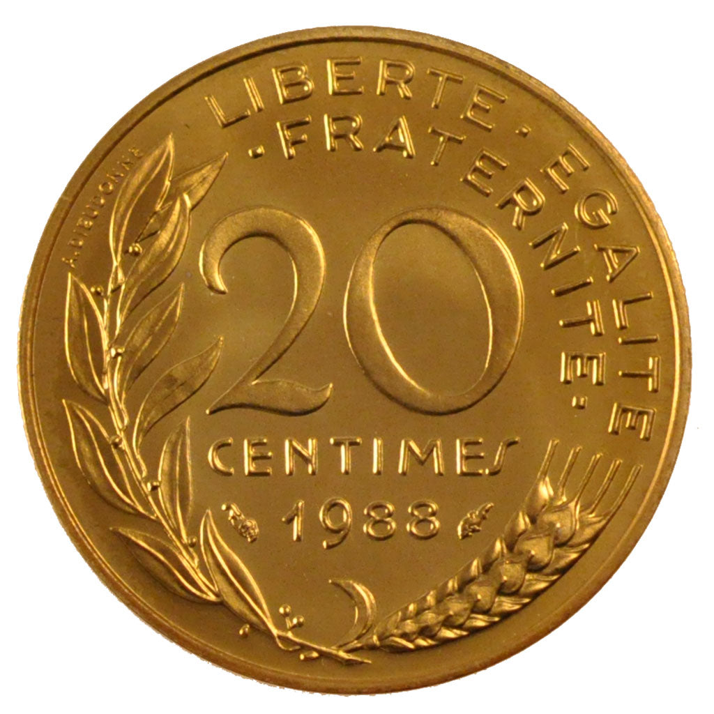FRANCE, Marianne, 20 Centimes, 1988, Paris, KM #930, MS(63), Aluminum-Bronze,...