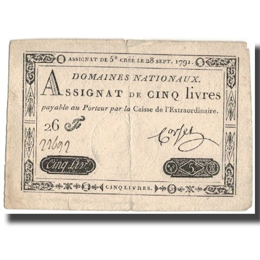 France, 5 Livres, 1791, Corset, 1791-09-28, VF(30-35), KM:A49, Lafaurie:144
