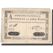 France, 5 Livres, 1791, Corset, 1791-09-28, VF(30-35), KM:A49, Lafaurie:144