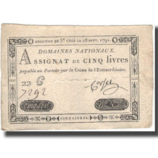 France, 5 Livres, 1791, Corset, 1791-09-28, VF(20-25), KM:A49, Lafaurie:144