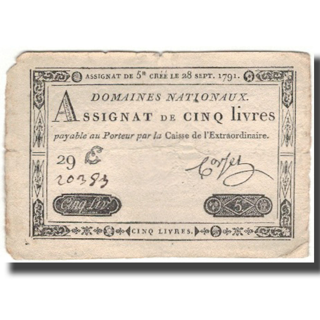 France, 5 Livres, 1791, Corset, 1791-09-28, VF(20-25), KM:A49, Lafaurie:144