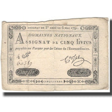 France, 5 Livres, 1791, 1791-05-06, VF(20-25), KM:A42, Lafaurie:137