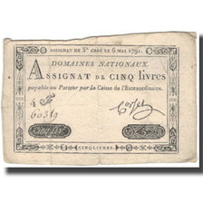 França, 5 Livres, 1791, 1791-05-06, VF(20-25), KM:A42, Lafaurie:137