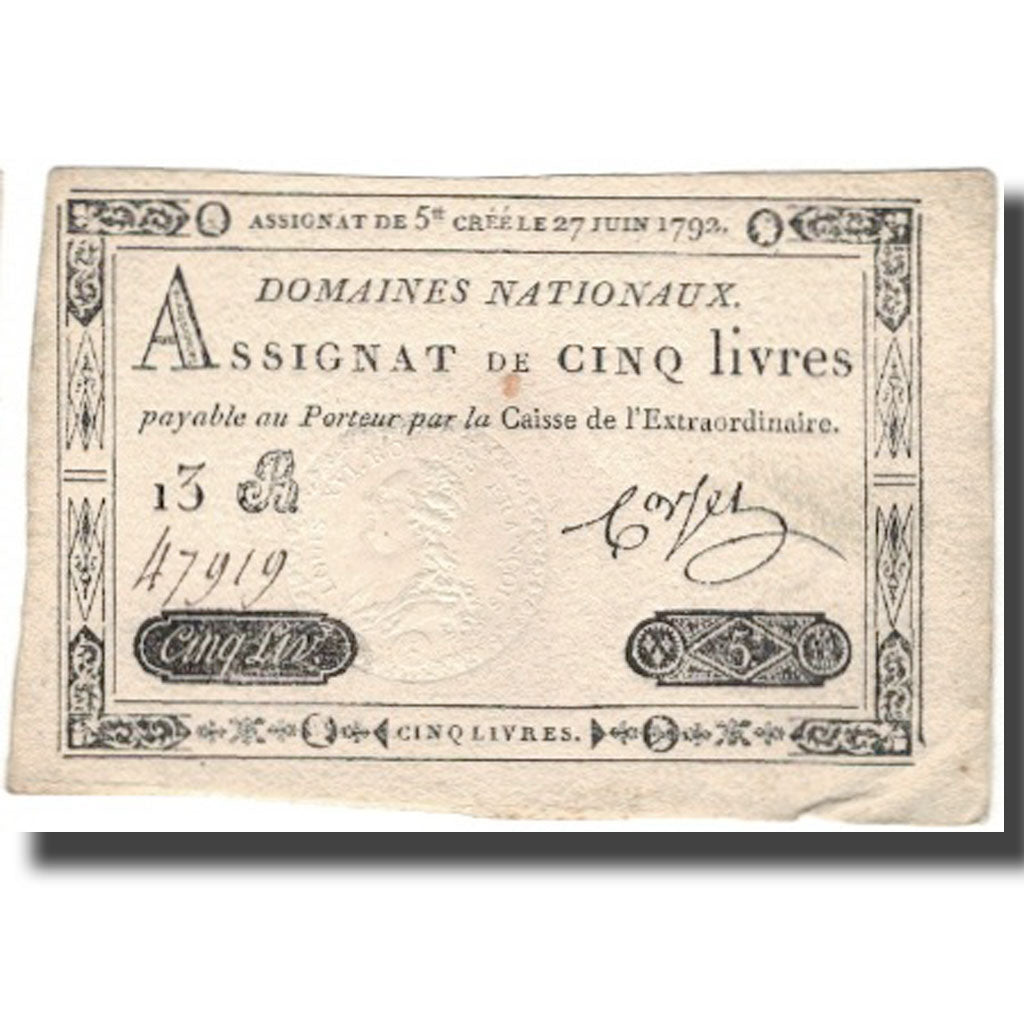 Frankreich, 5 Livres, 1792, Corset, 1792-06-27, SS+, KM:A60, Lafaurie:155