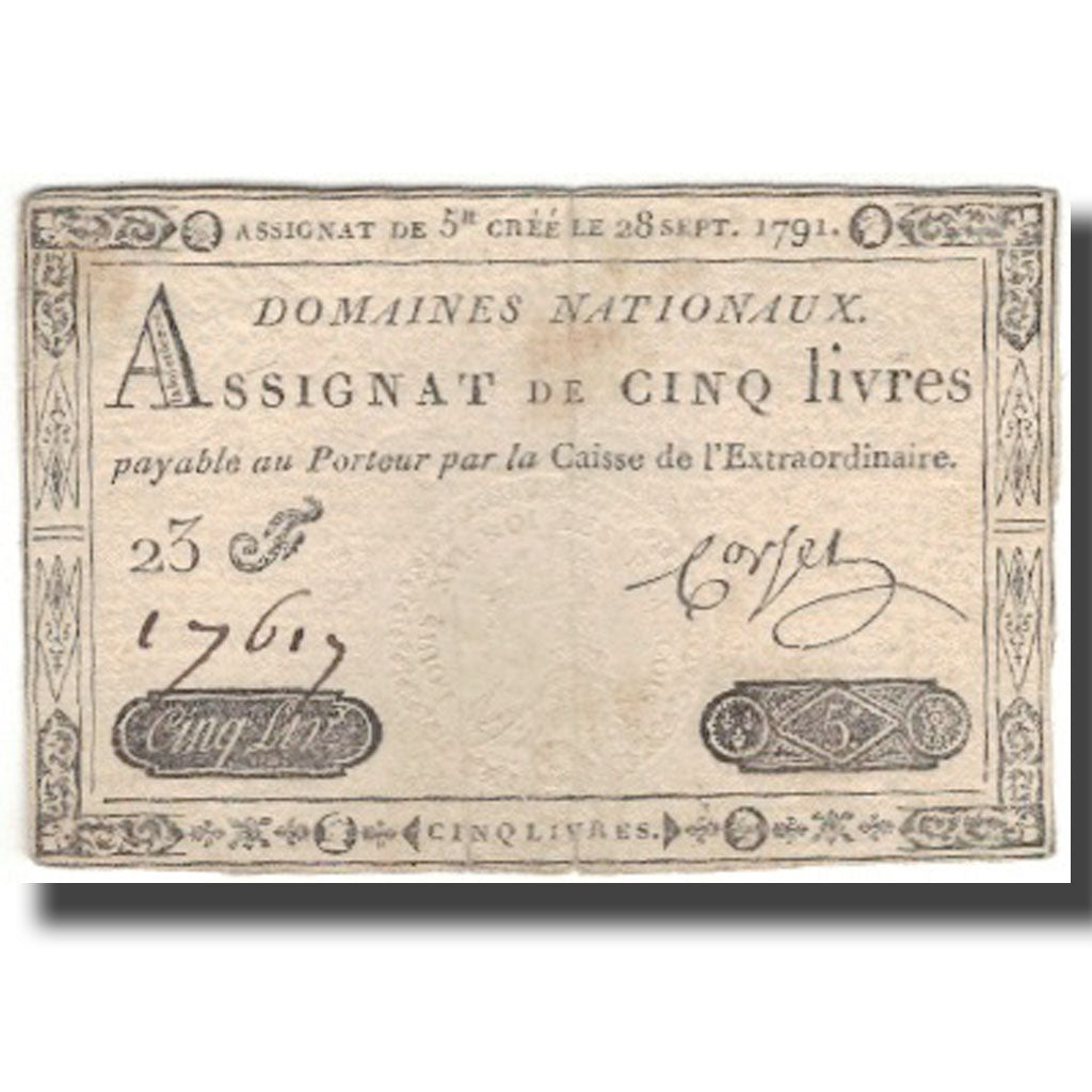 France, 5 Livres, 1791, Corset, 1791-09-28, TB+, KM:A49, Lafaurie:144