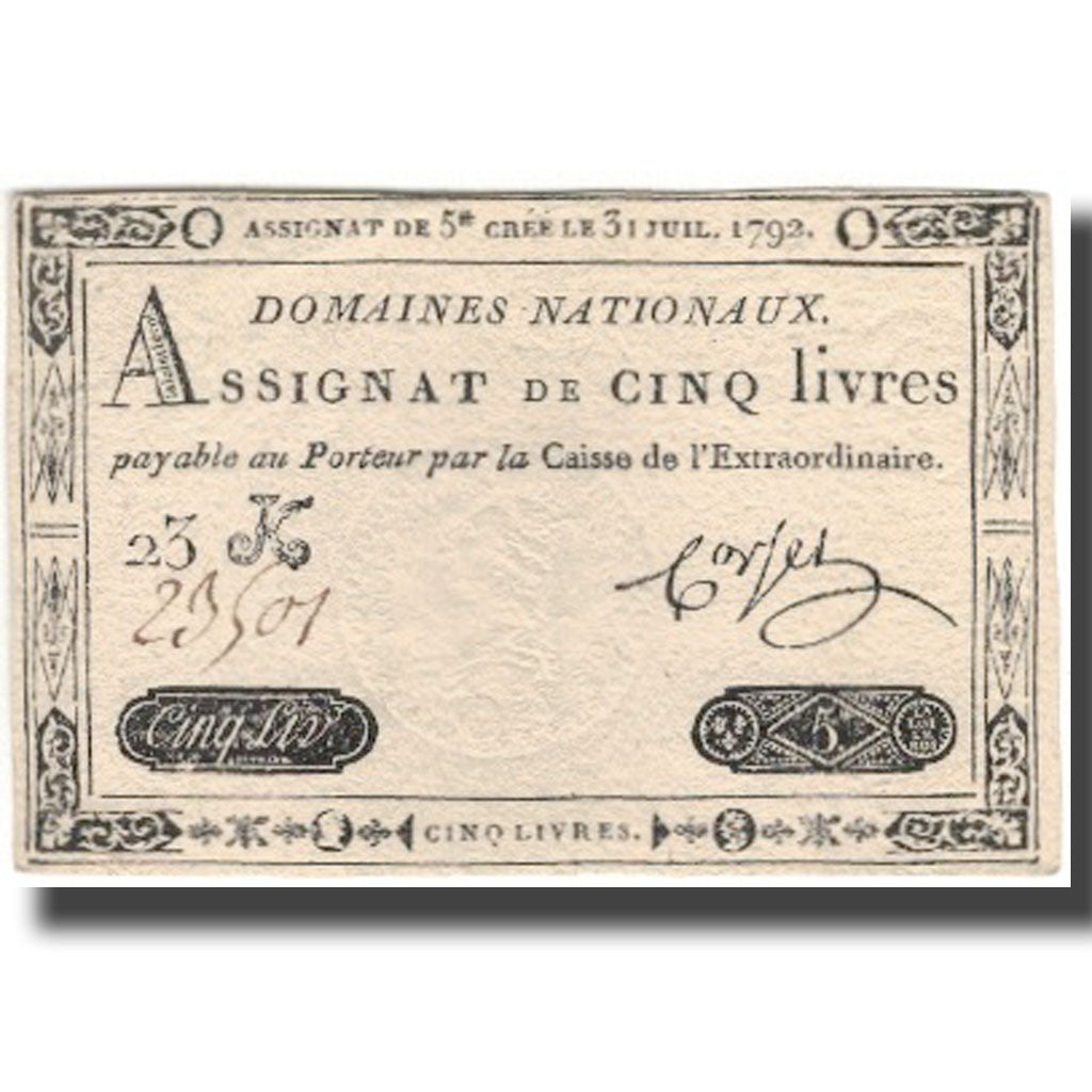 France, 5 Livres, 1792, Corset, 1792-07-31, AU(50-53), KM:A61, Lafaurie:156