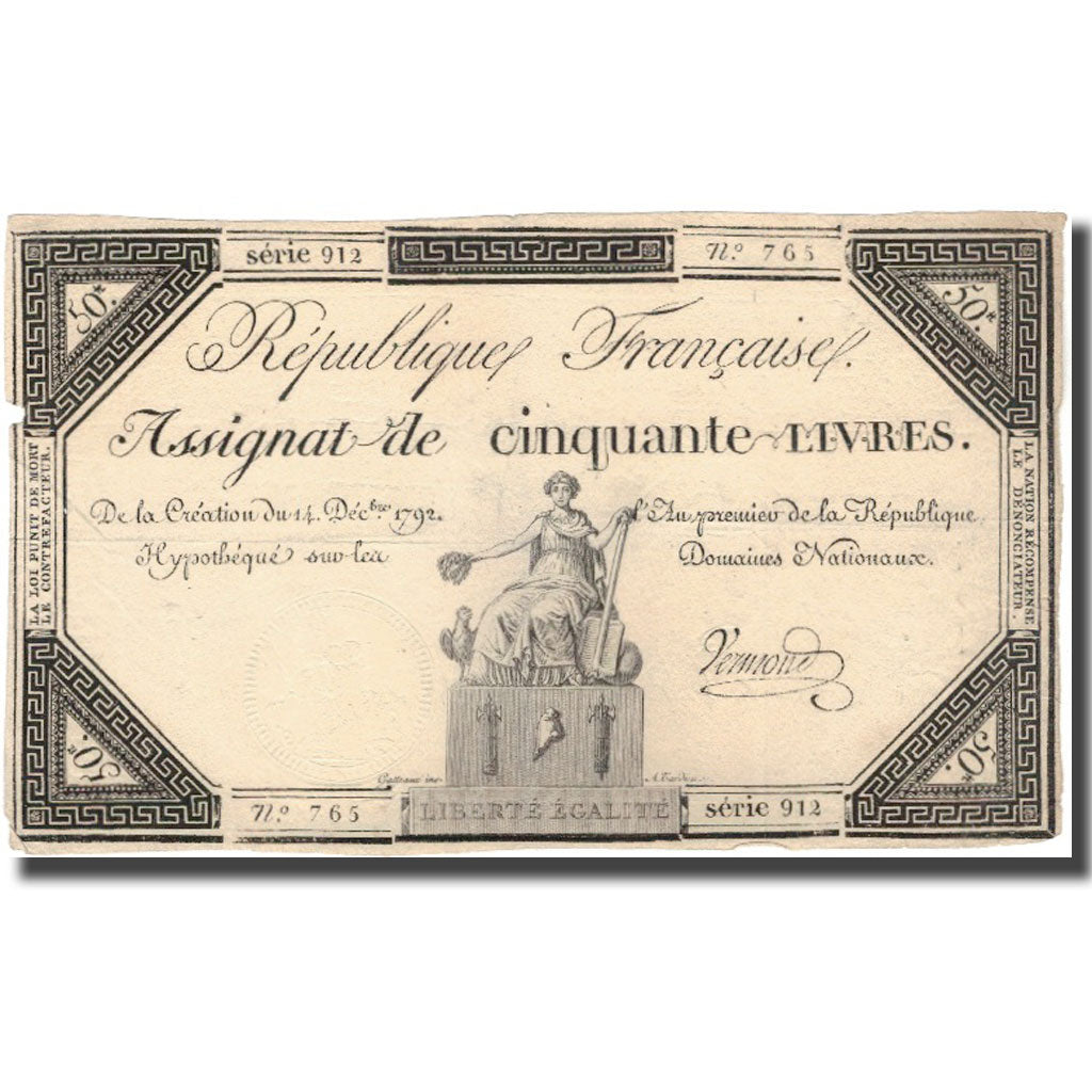 France, 50 Livres, 1792, Vermond, VF(30-35), KM:A72, Lafaurie:164