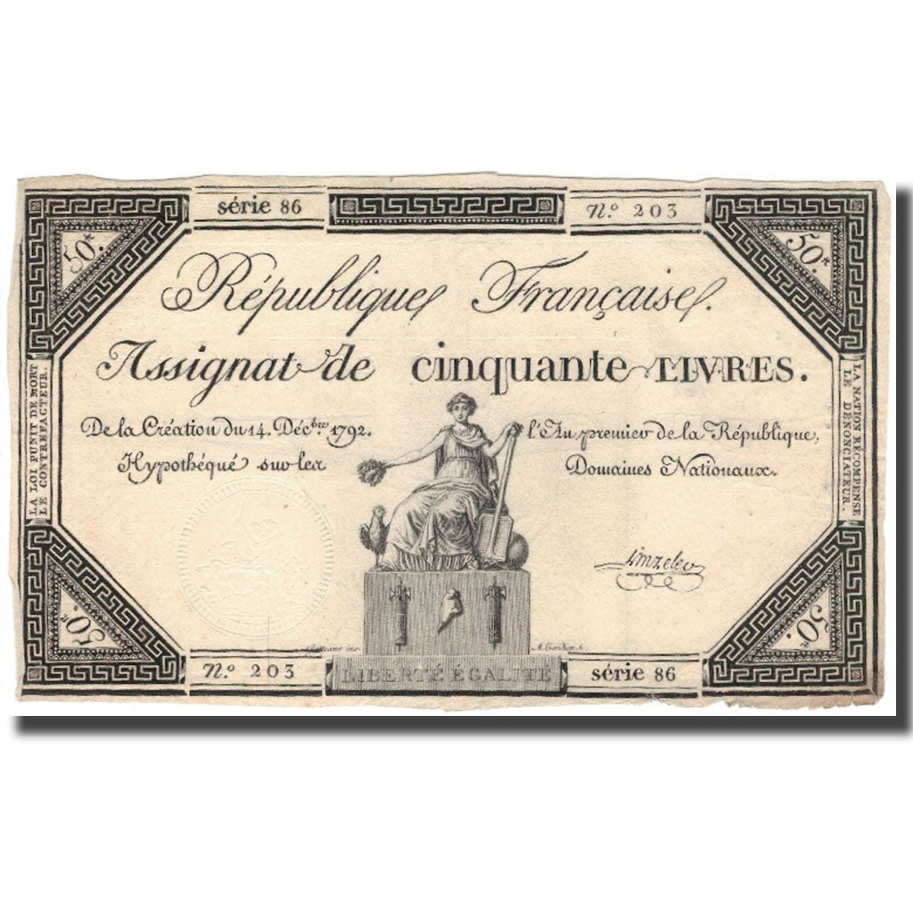 Francia, 50 Livres, 1792, Linreler, BC+, KM:A72, Lafaurie:164