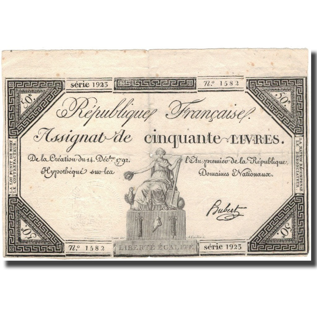 France, 50 Livres, 1792, Hubert, TB+, KM:A72, Lafaurie:164