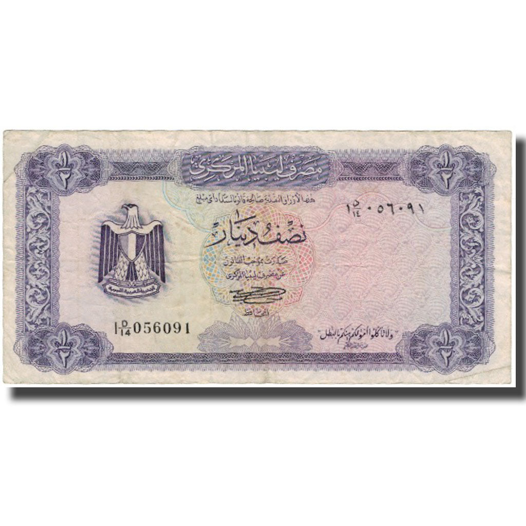 Nota, Líbia, 1/2 Dinar, KM:34b, F(12-15)
