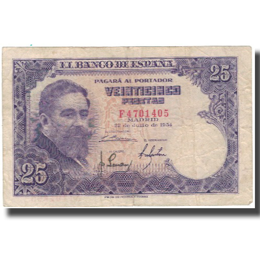 Banknote, Spain, 25 Pesetas, 1954-07-22, KM:147a, F(12-15)