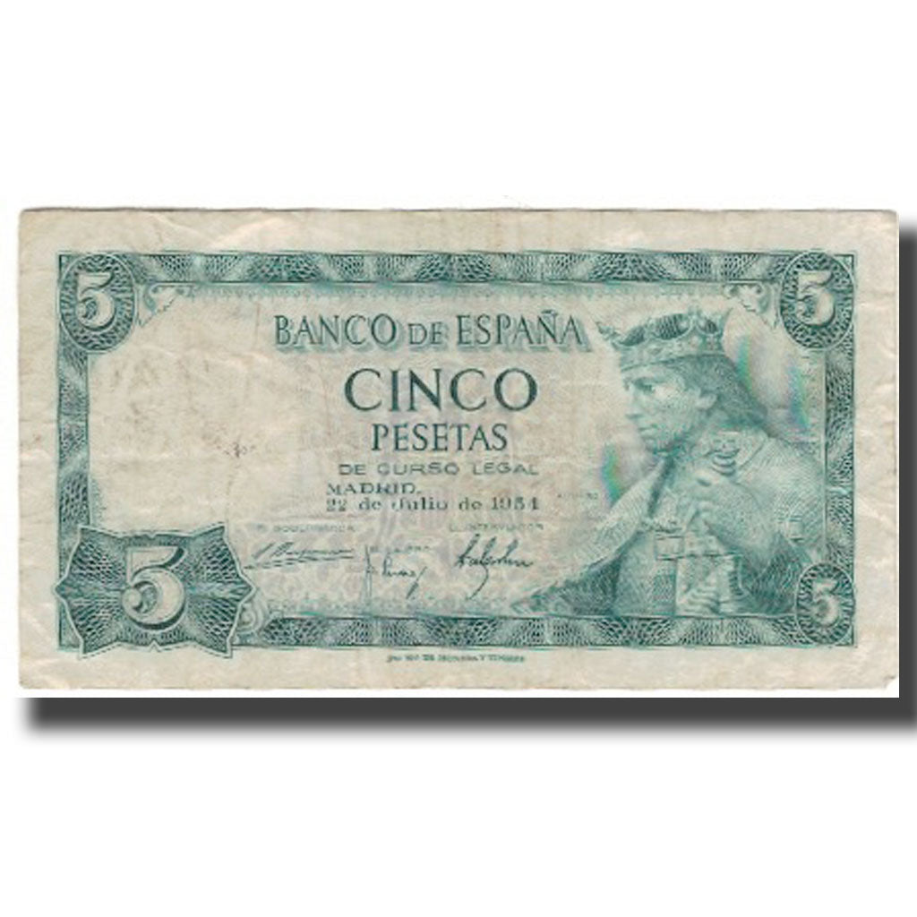 Banknote, Spain, 5 Pesetas, 1954-07-22, KM:146a, F(12-15)