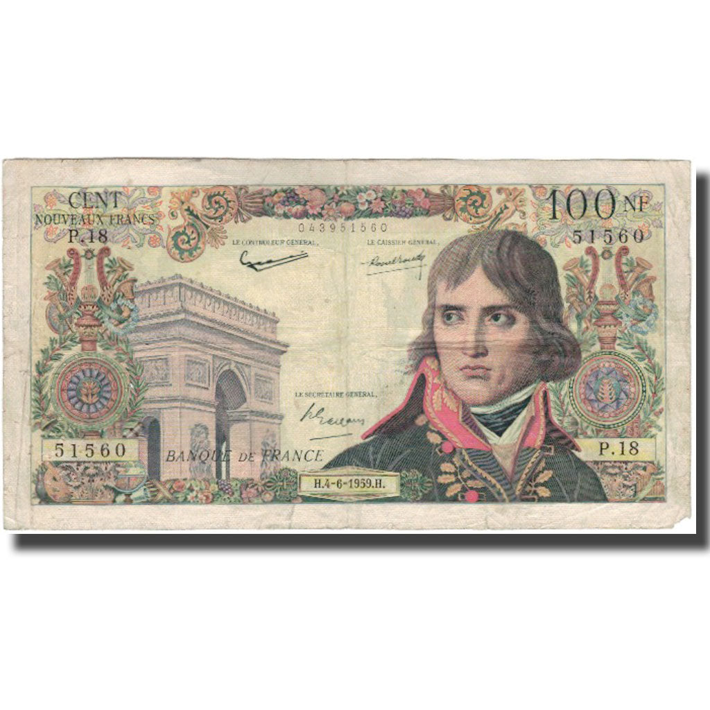 France, 100 Nouveaux Francs, Bonaparte, 1959-06-04, VG(8-10), Fayette:59.2