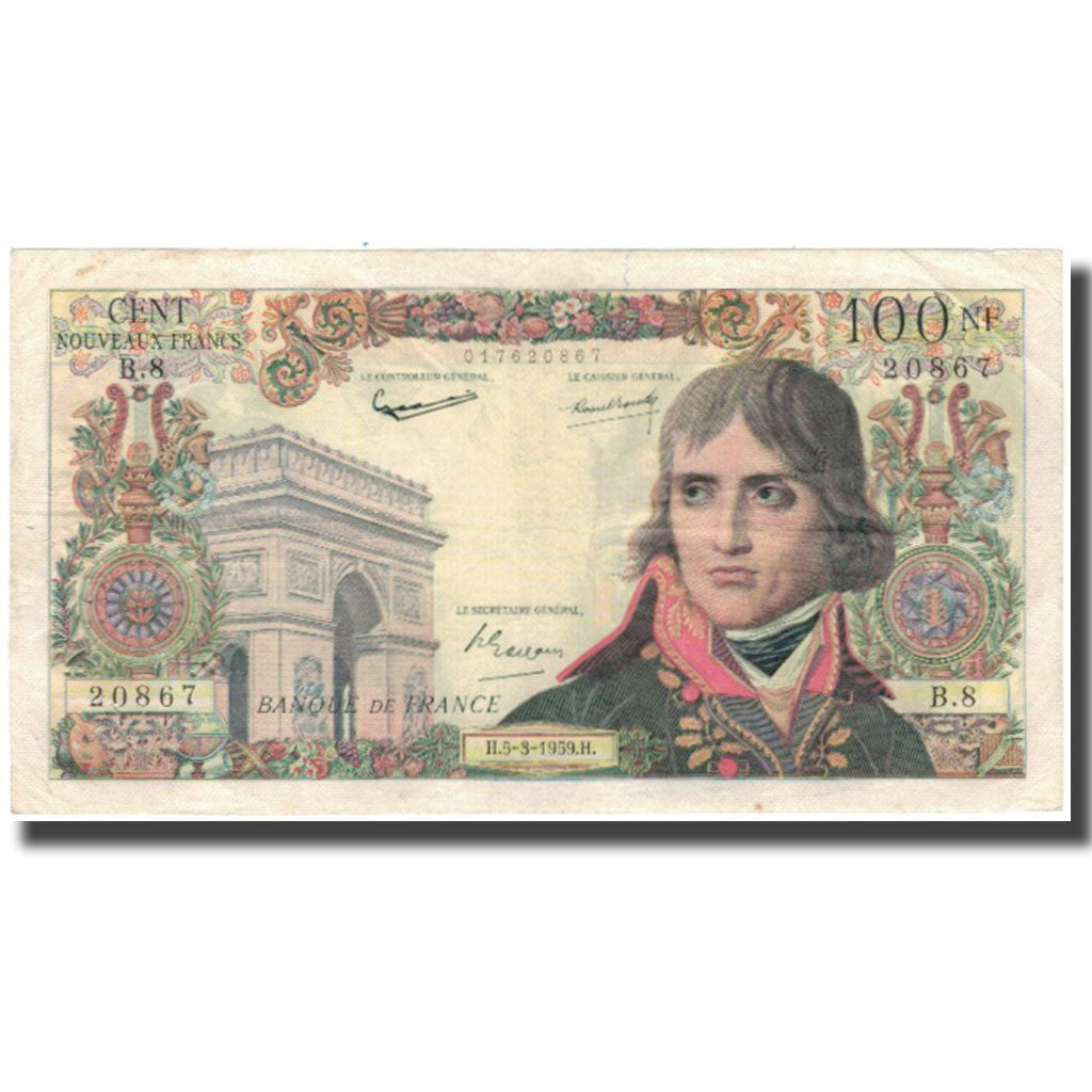 Francja, 100 Nouveaux Francs, Bonaparte, 1959-03-05, VF(20-25), Fayette:59.1