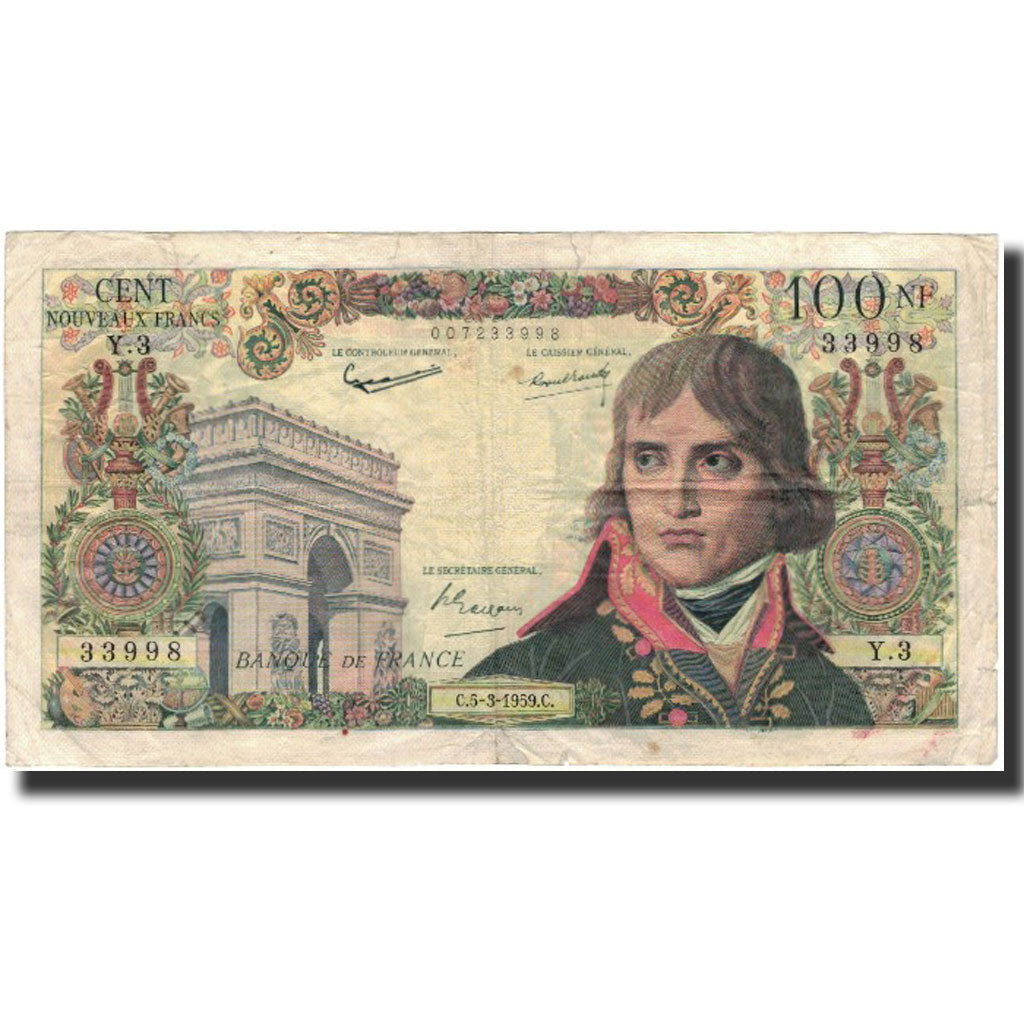 França, 100 Nouveaux Francs, Bonaparte, 1959-03-05, VG(8-10), Fayette:59.1
