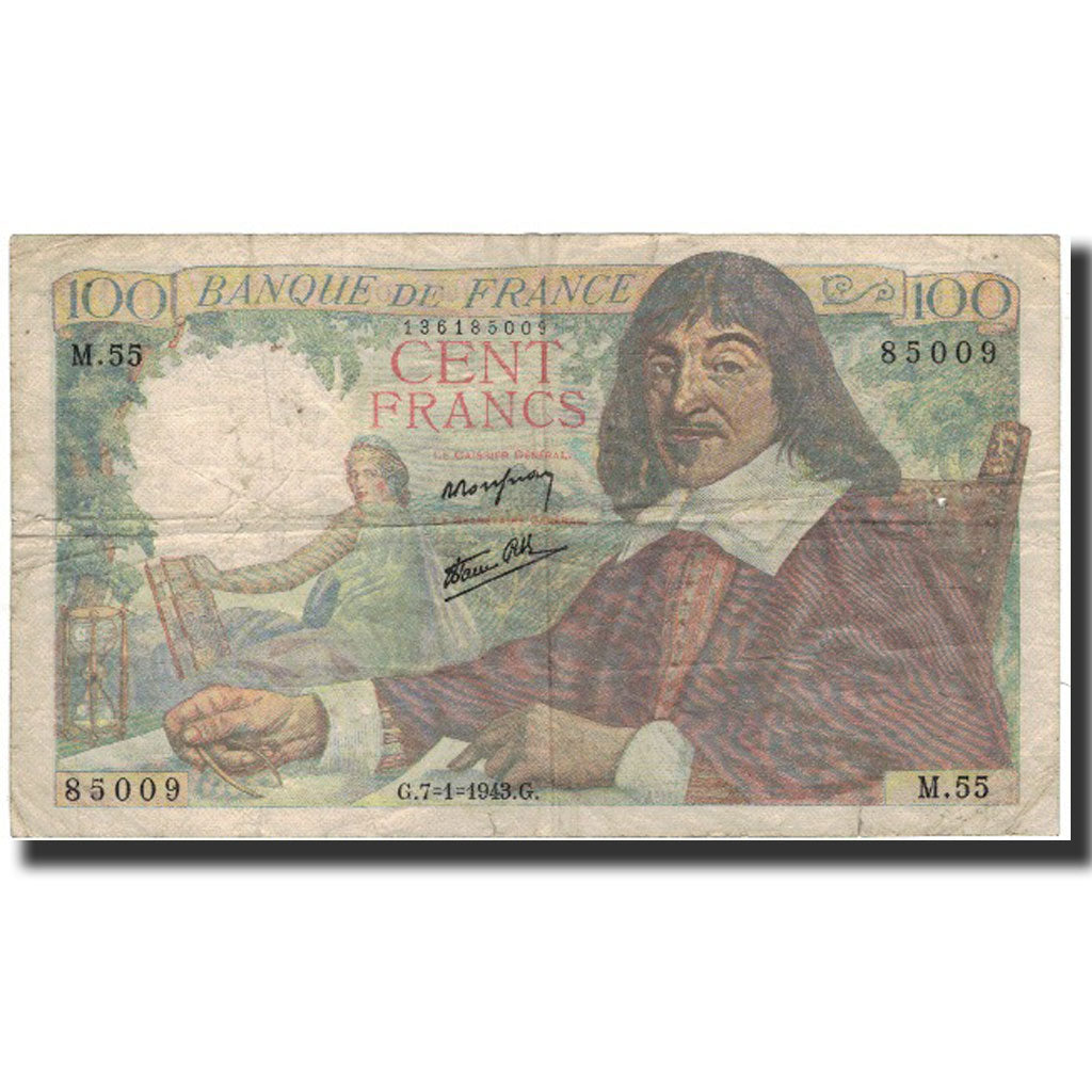 Frankrijk, 100 Francs, Descartes, 1943, 1943-01-07, TB, Fayette:VF27.3, KM:101b