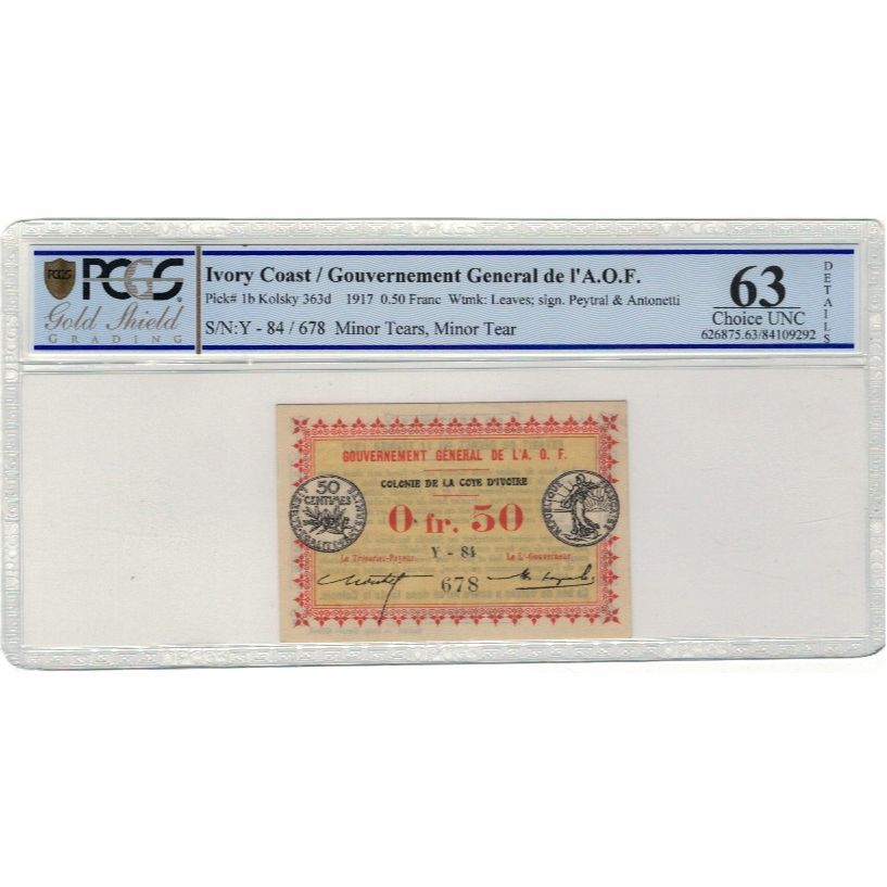 Banknote, Ivory Coast, .50 Franc, 1917, 1917-11-02, KM:1b, graded, PCGS