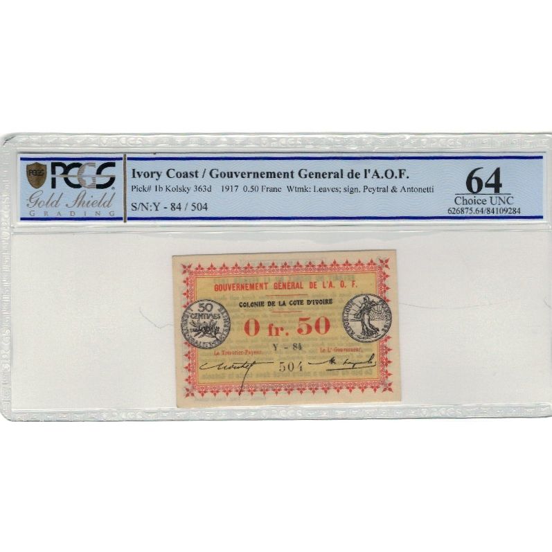 Banknote, Ivory Coast, .50 Franc, 1917, 1917-11-02, KM:1b, graded, PCGS