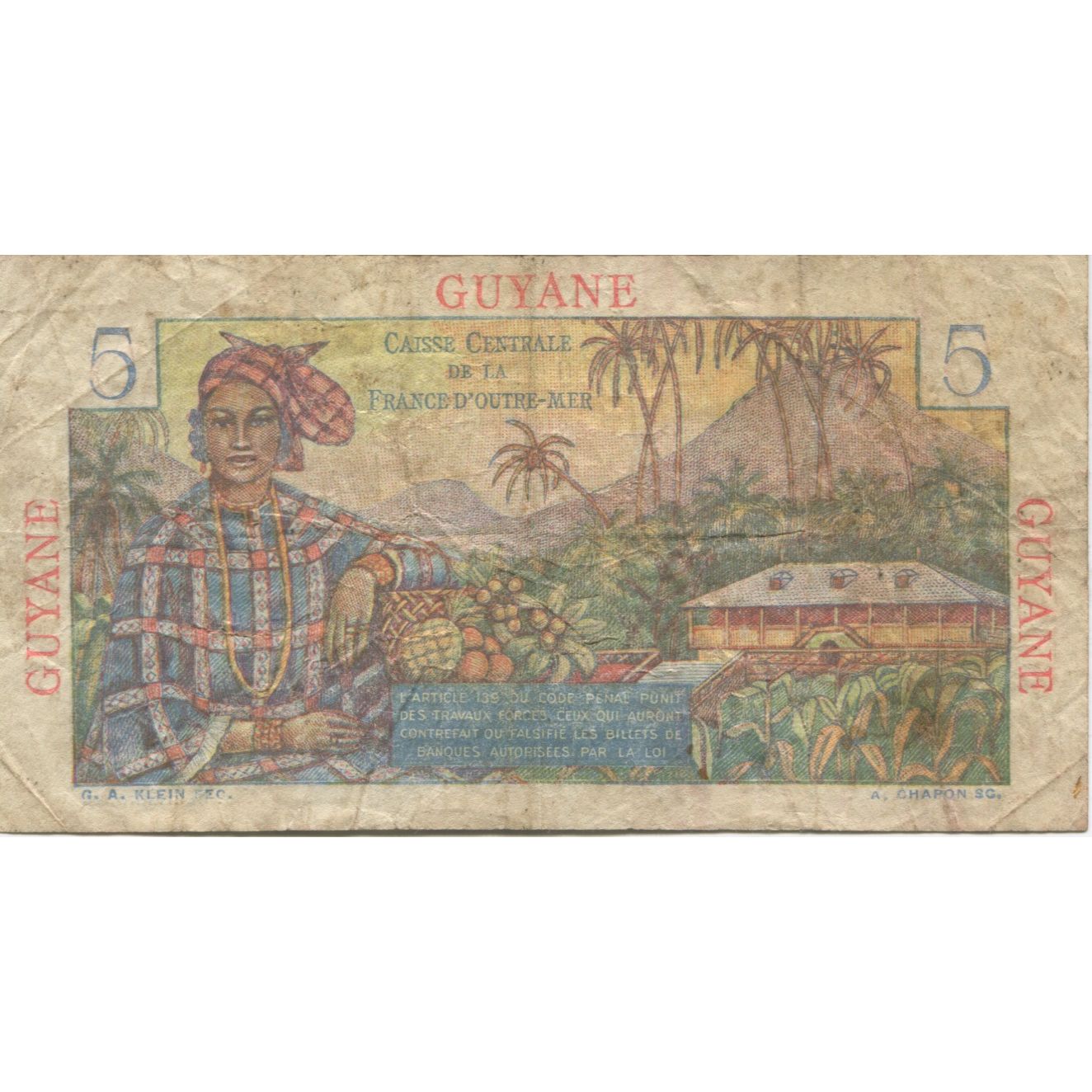 Banknote, FRENCH GUIANA, 5 Francs, KM:19a, G(4-6)