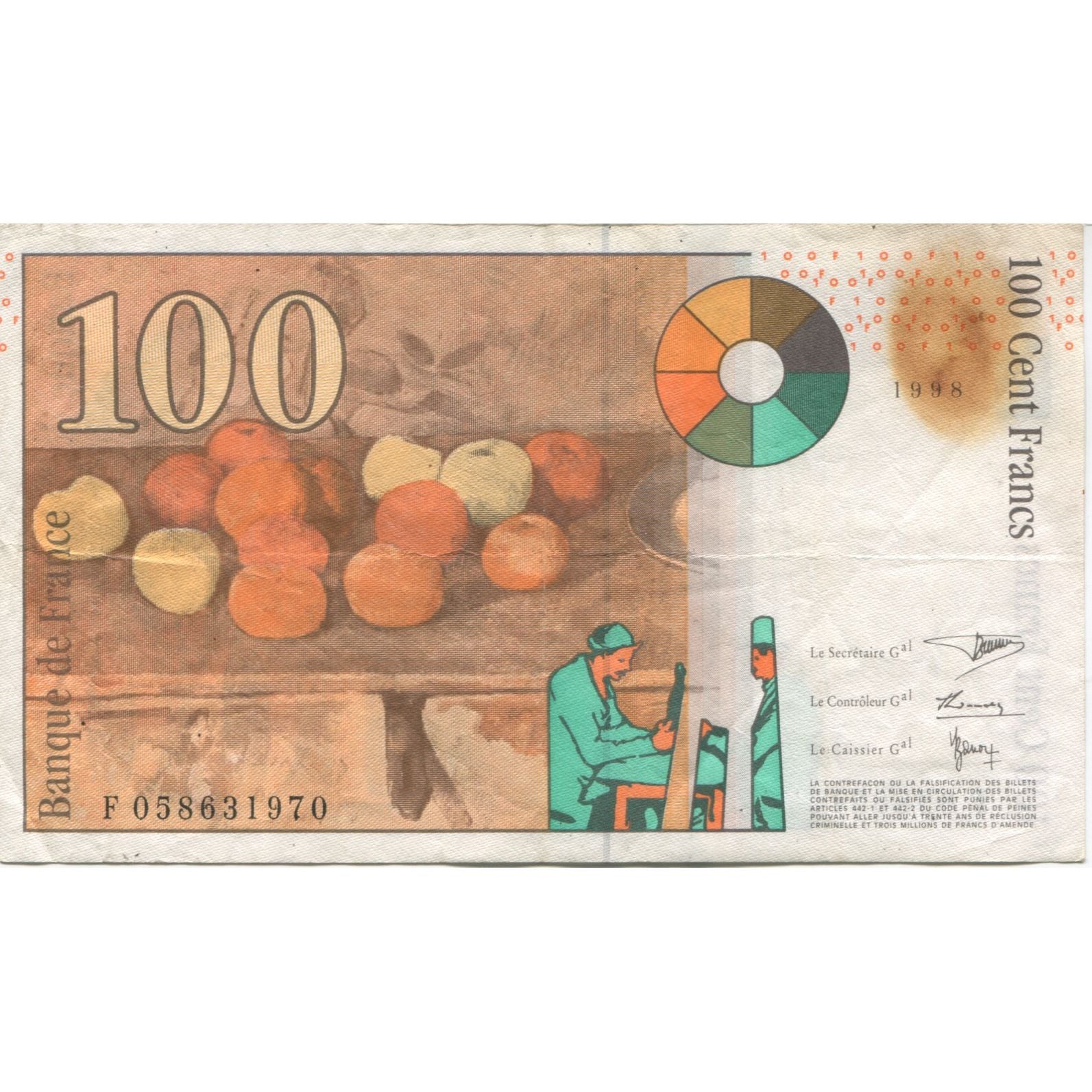 France, 100 Francs, Cézanne, 1998, EF(40-45), Fayette:74.2, KM:158a