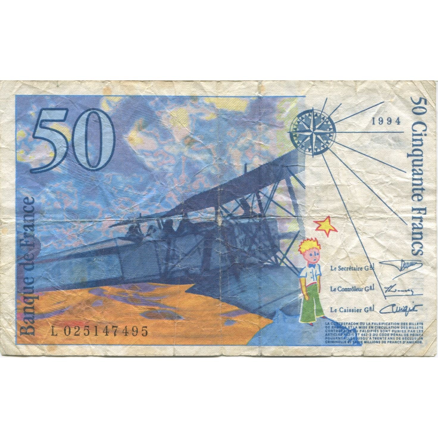 France, 50 Francs, St Exupéry, 1994, VG(8-10), Fayette:73.1d, KM:157Ab