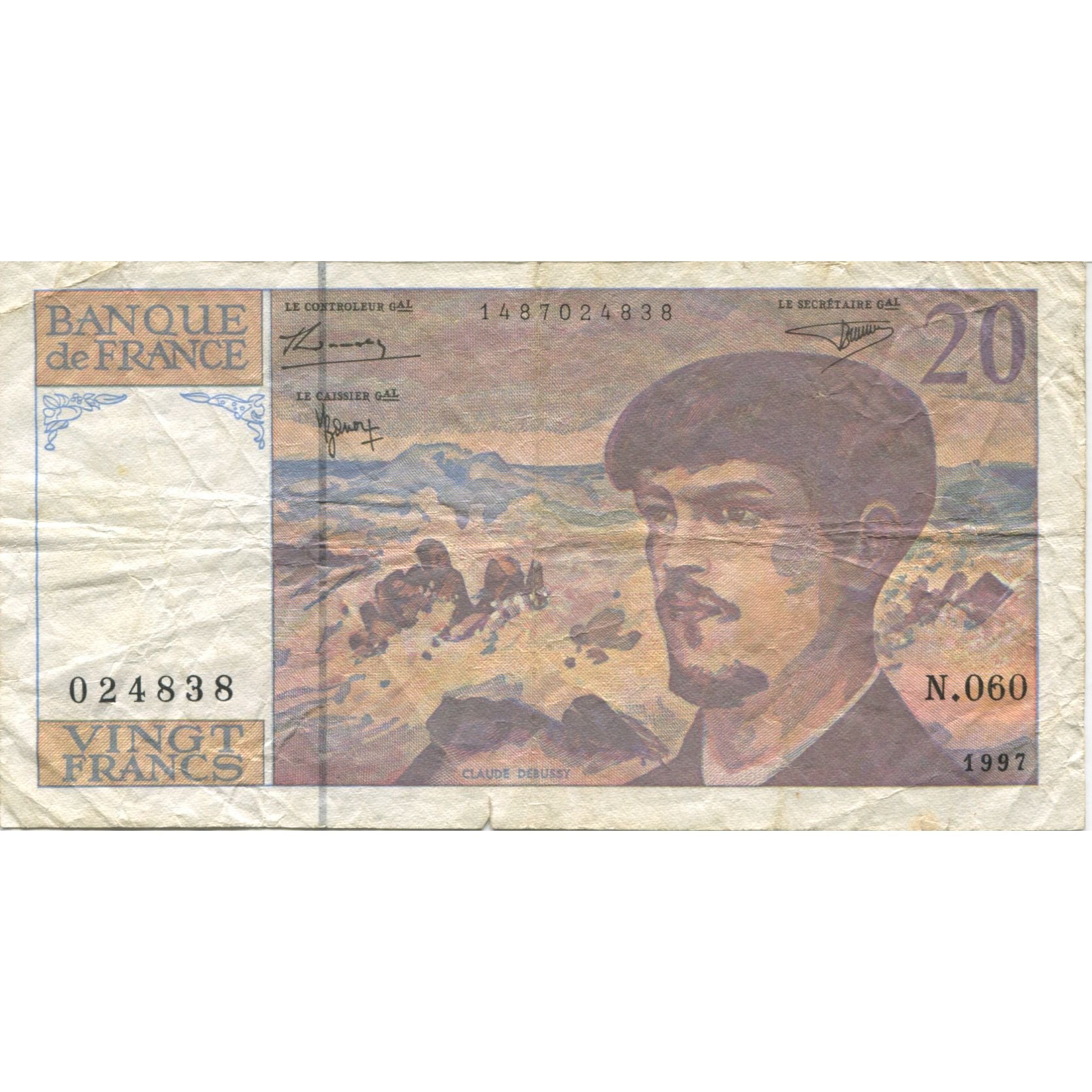 France, 20 Francs, Debussy, 1997, VF(20-25), Fayette:66 ter.2, KM:151i