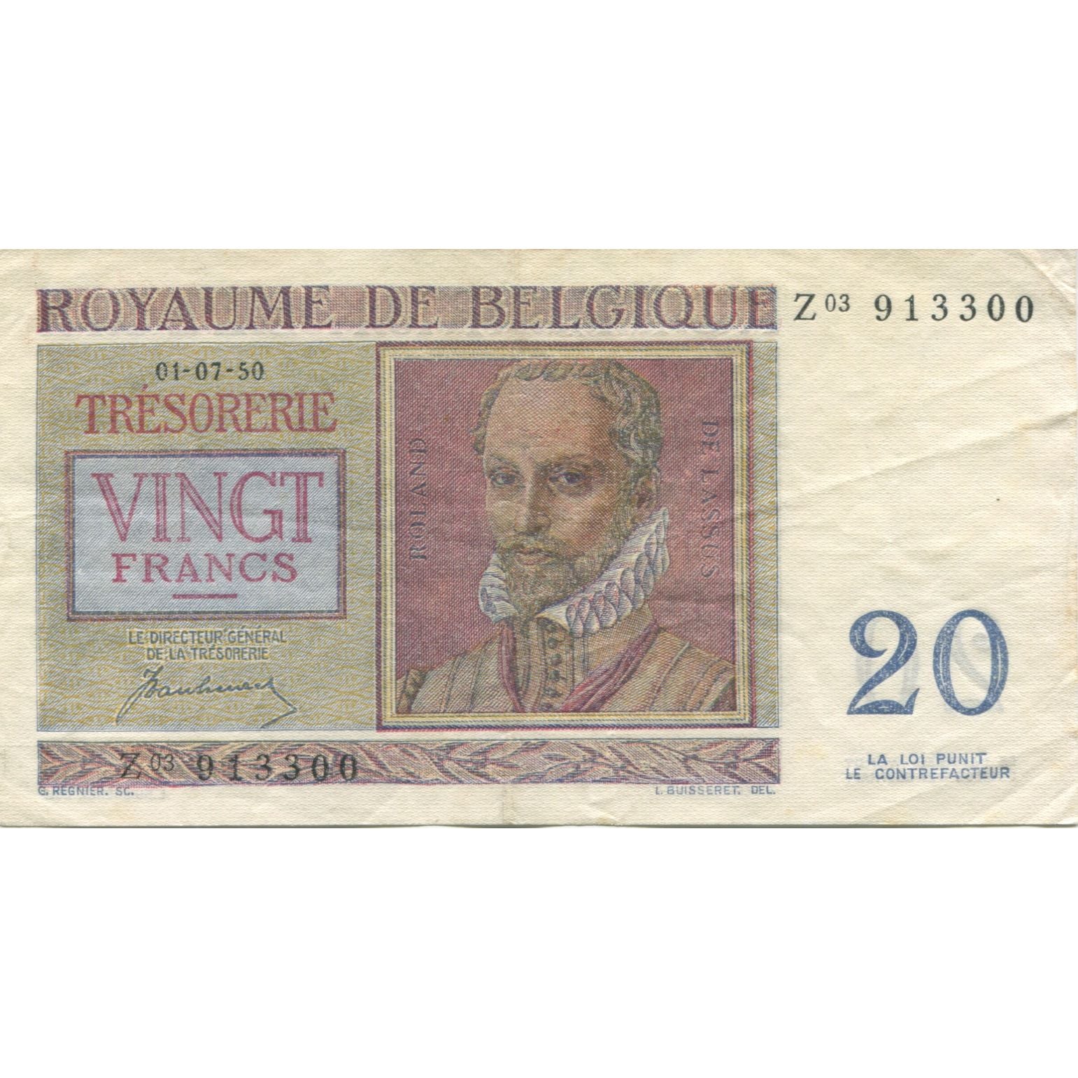 Banknote, Belgium, 20 Francs, 1950, 1950-07-01, KM:132b, EF(40-45)