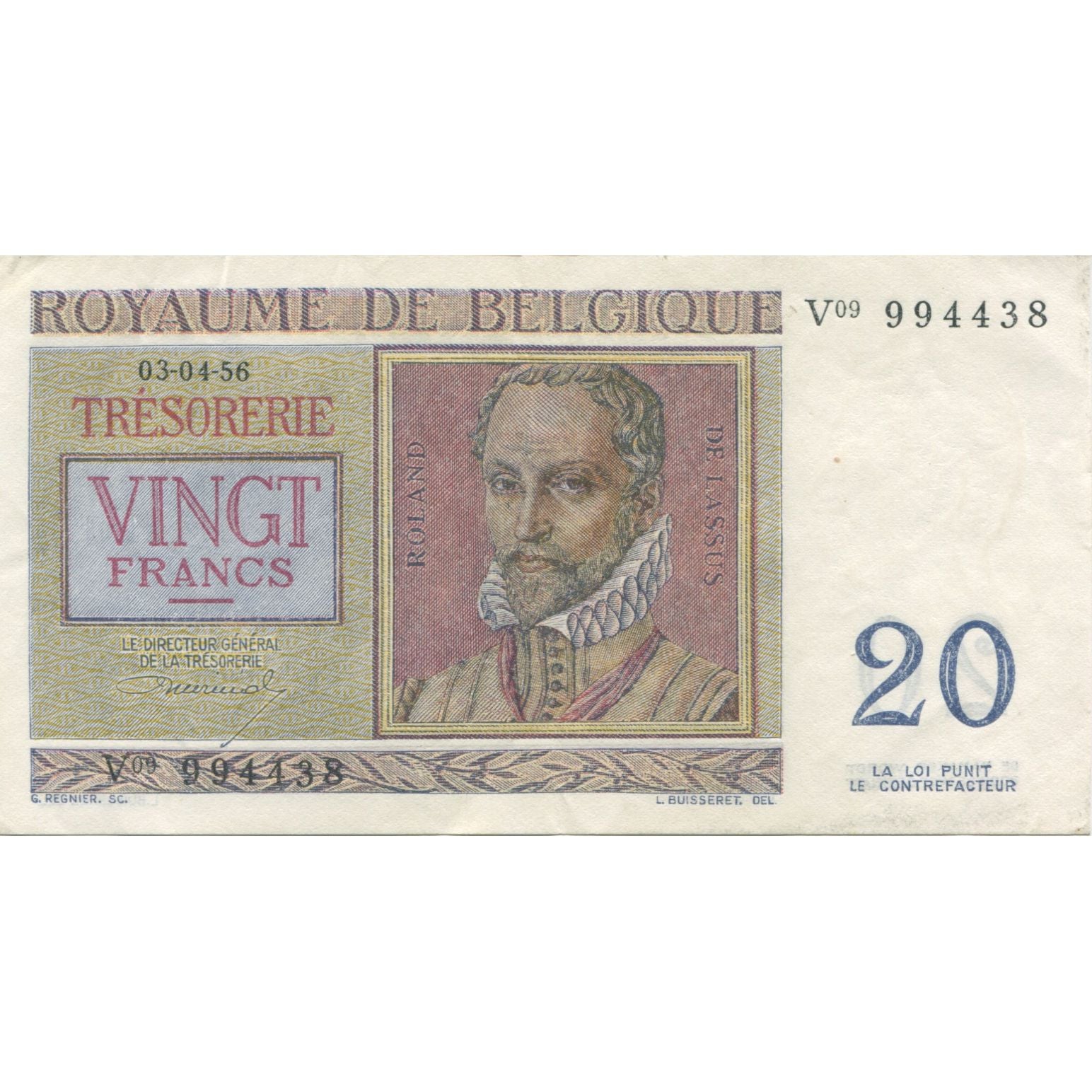 Banknote, Belgium, 20 Francs, 1956, 1956-04-03, KM:132b, AU(55-58)