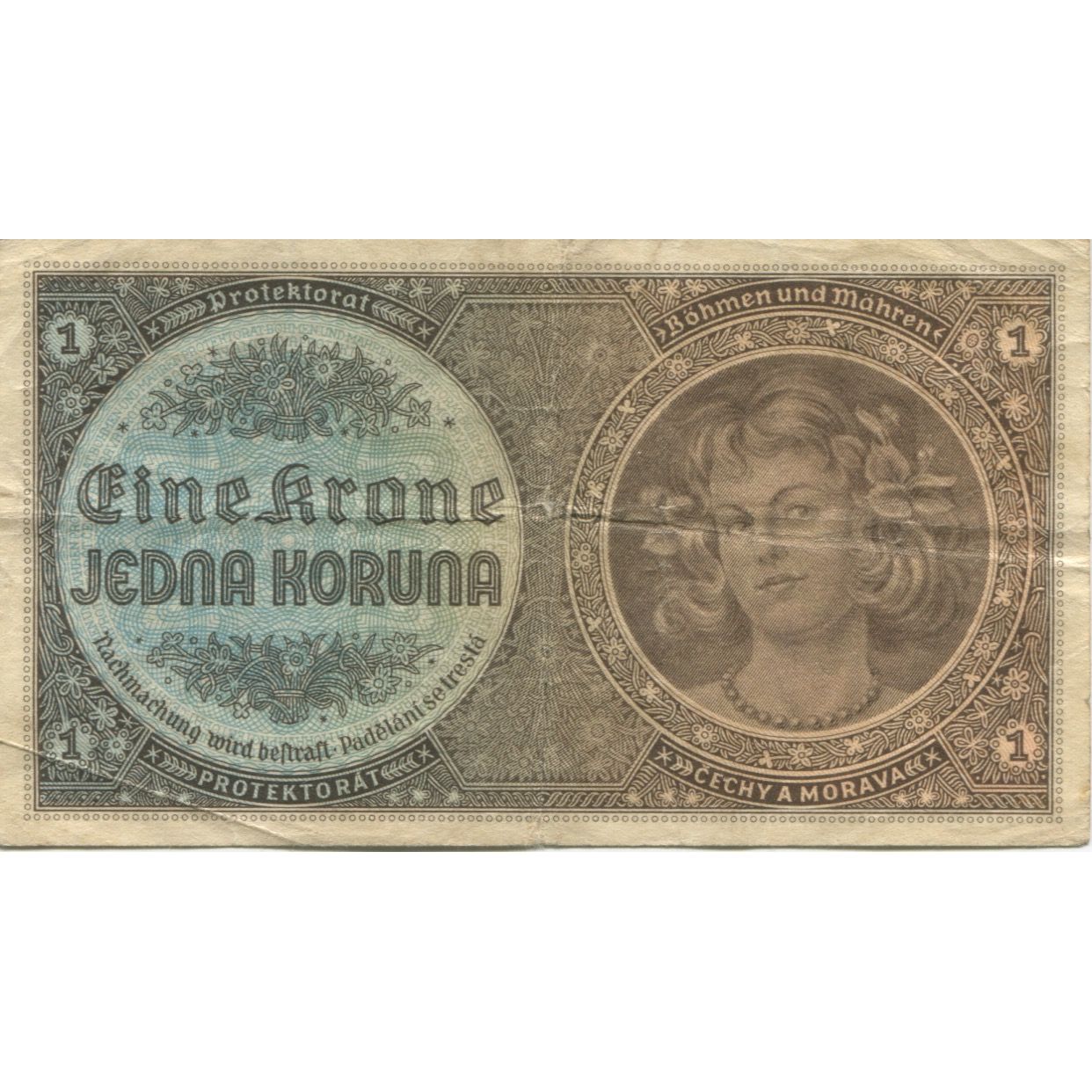 Banknote, Bohemia and Moravia, 1 Koruna, KM:3a, VF(20-25)