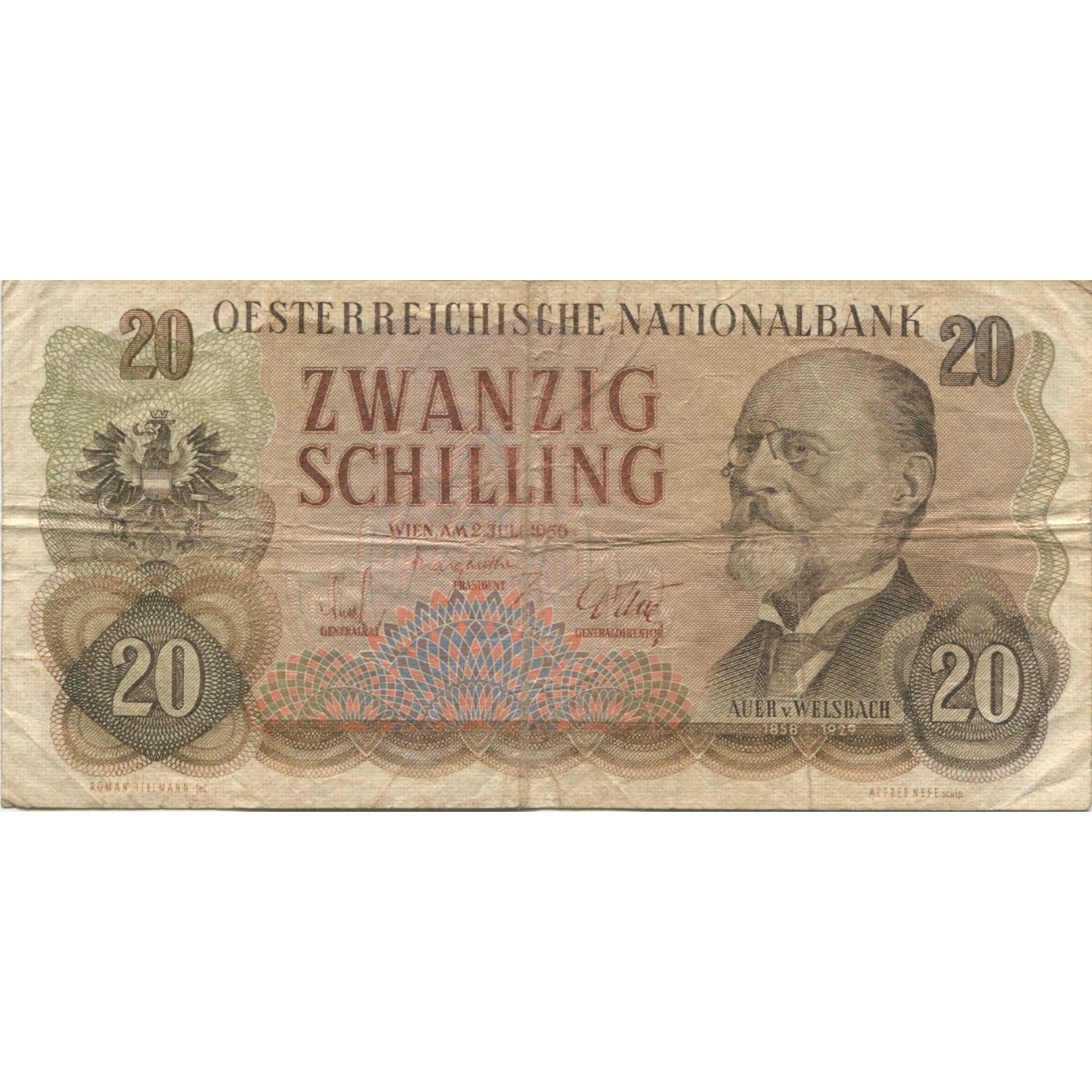 Banknote, Austria, 20 Schilling, 1956, 1956-07-02, KM:136a, VG(8-10)