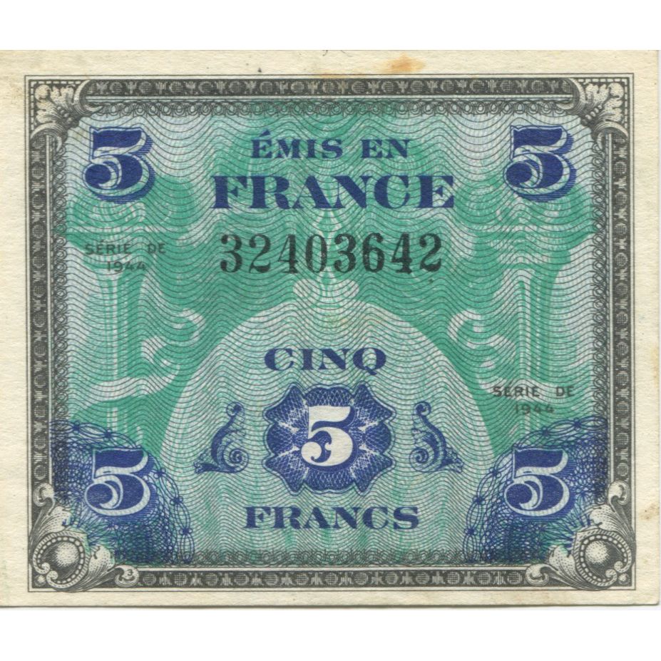 France, 5 Francs, Flag/France, 1944, 1944, EF(40-45), Fayette:VF17.1, KM:115a