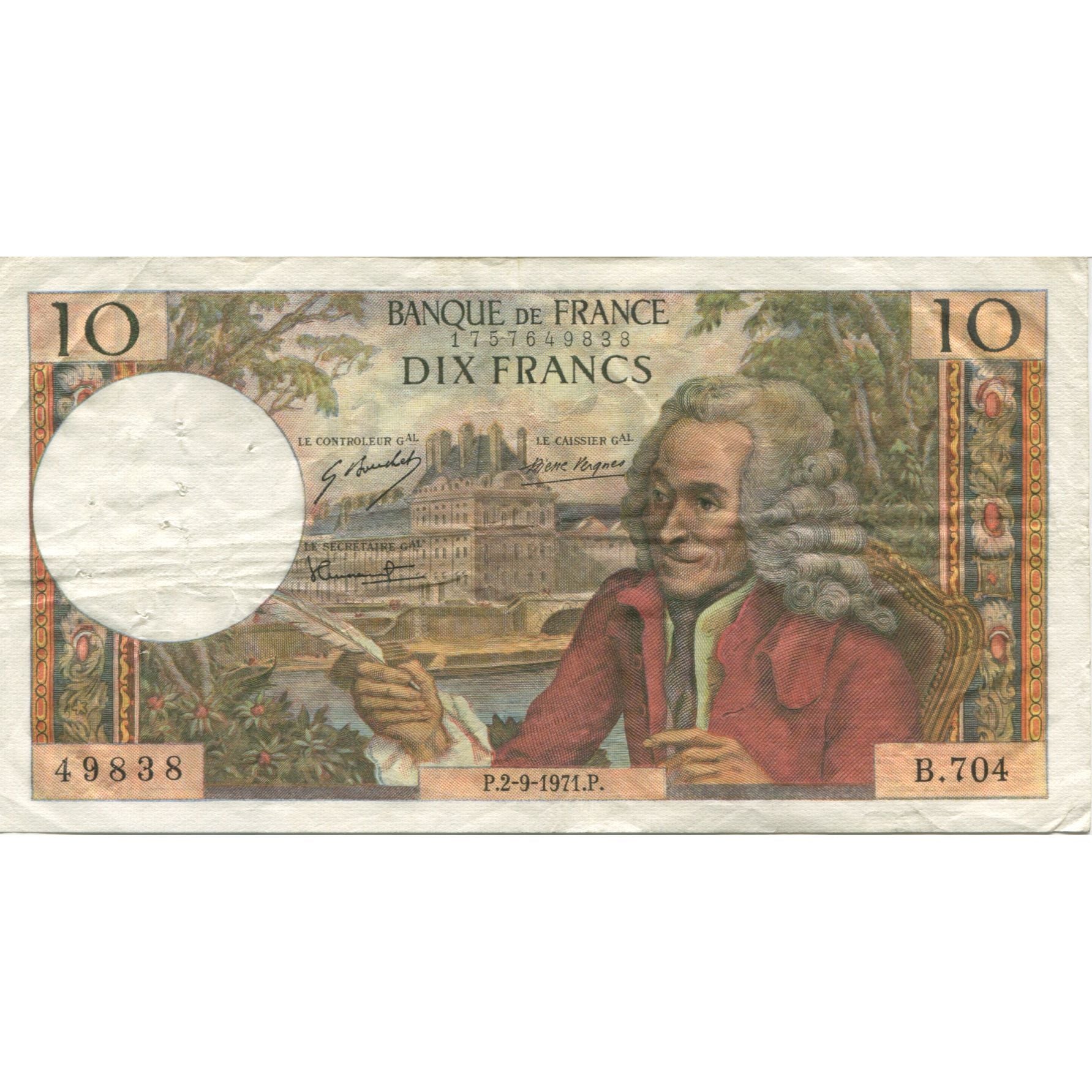 France, 10 Francs, Voltaire, 1971, 1971-09-02, EF(40-45), Fayette:62.51, KM:147d