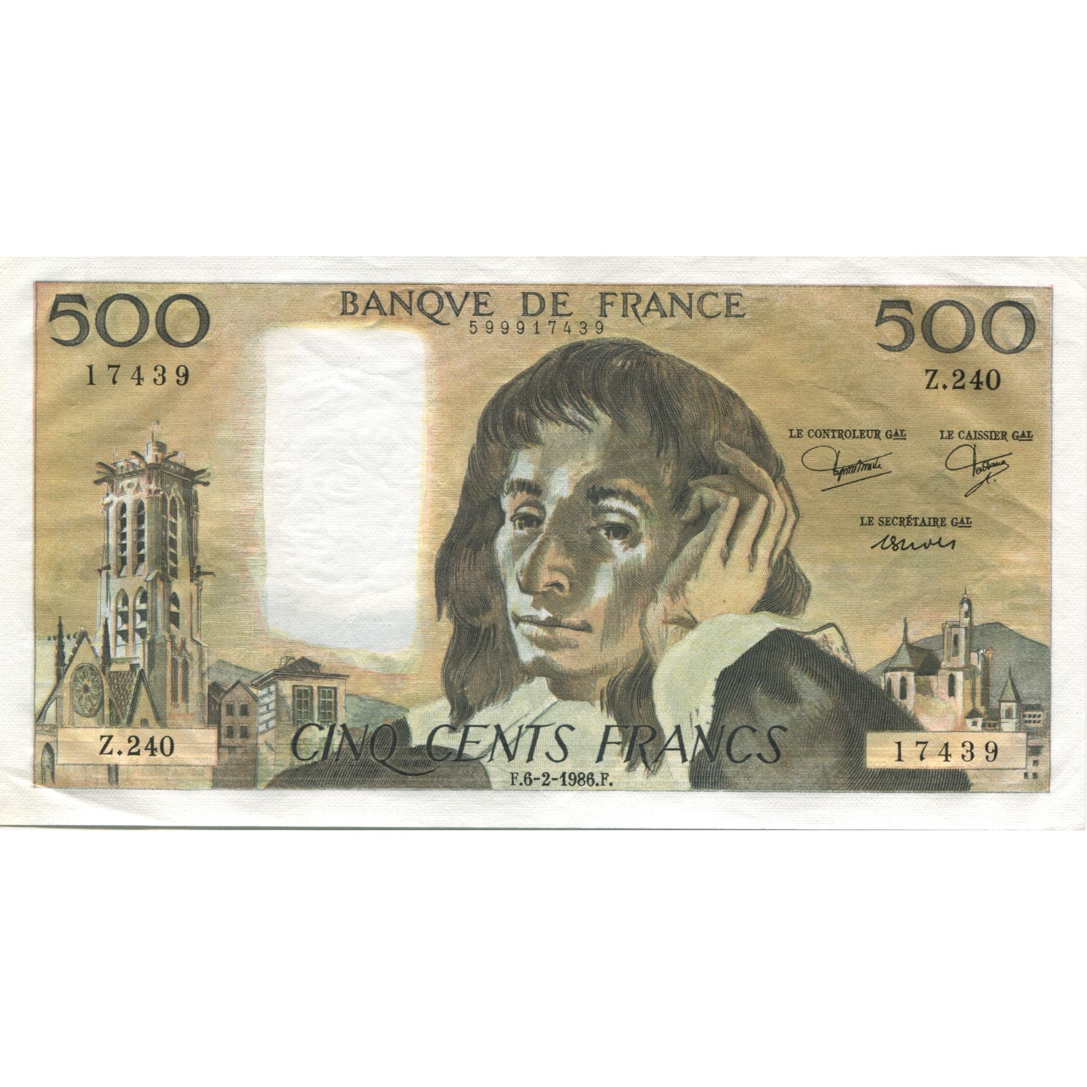 França, 500 Francs, Pascal, 1986, 1986-02-06, EF(40-45), Fayette:71.34, KM:156e