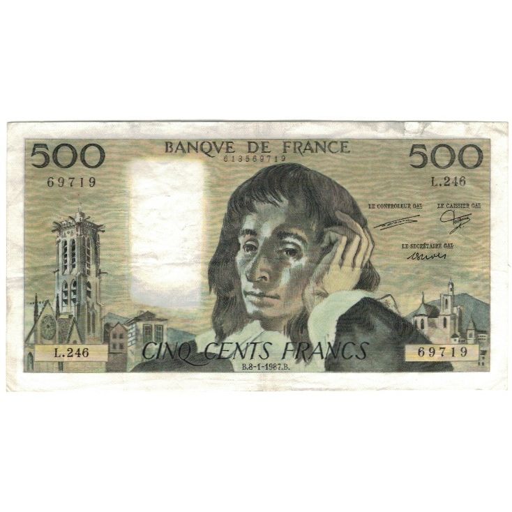 France, 500 Francs, Pascal, 1987, T.267, EF(40-45), Fayette:71.35, KM:156f