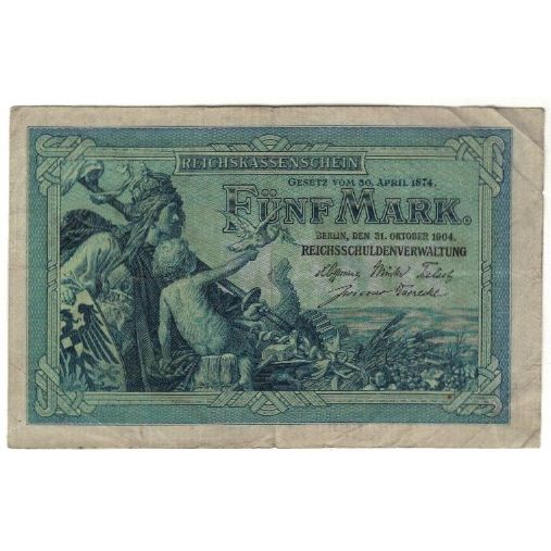 Banknote, Germany, 5 Mark, 1904-1906, 1904-10-31, KM:8a, VF(20-25)