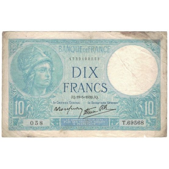 Francja, 10 Francs, 1939-05-19, VF(20-25), Fayette:7.3, KM:84