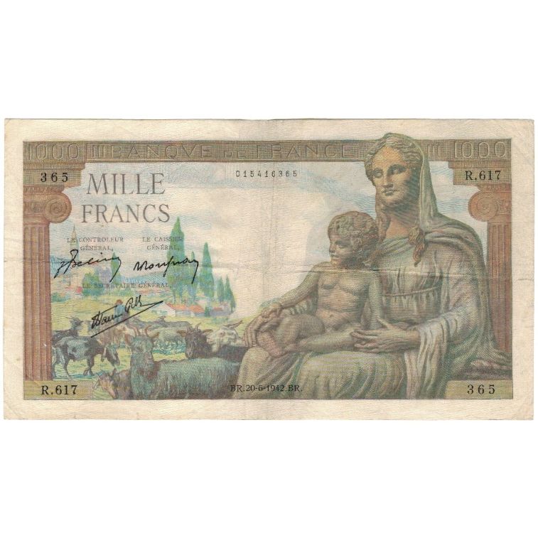 France, 1000 Francs, Déesse Déméter, 1942-06-20, EF(40-45), Fayette:40.3