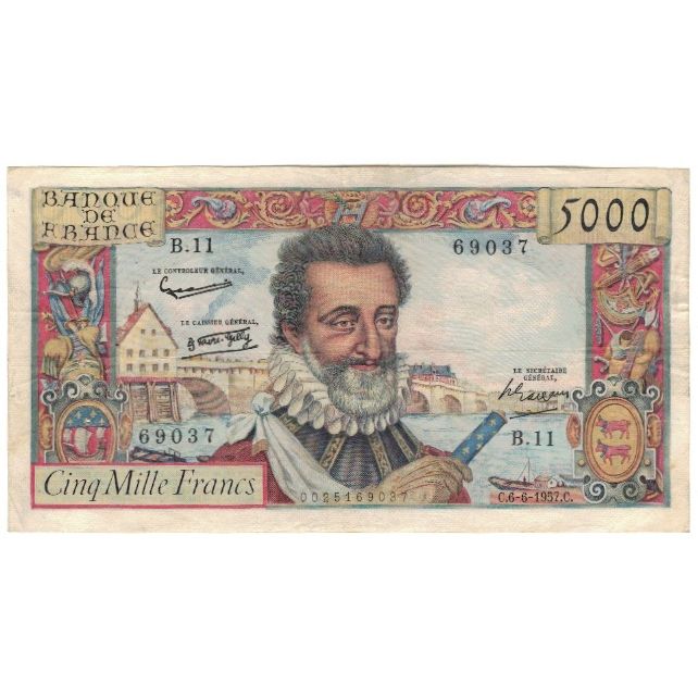 Frankrijk, 5000 Francs, Henri IV, 1957, 1957-06-06, TB+, Fayette:49.2, KM:135a