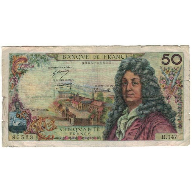 France, 50 Francs, Racine, 1969, 1969-08-07, VG(8-10), Fayette:64.14, KM:148c