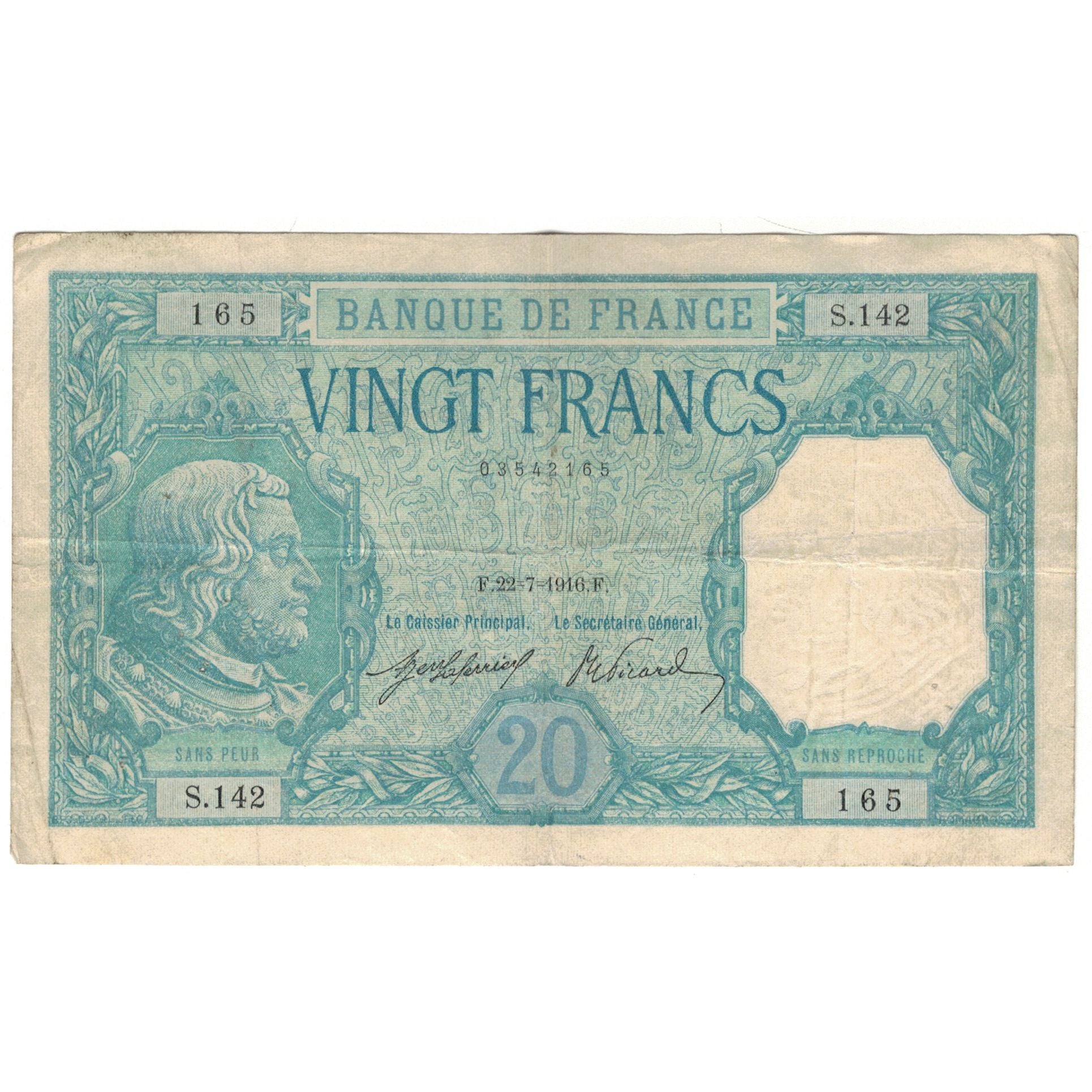 Francia, 20 Francs, Bayard, 1916, 1916-09-09, MB+, Fayette:11.1, KM:74
