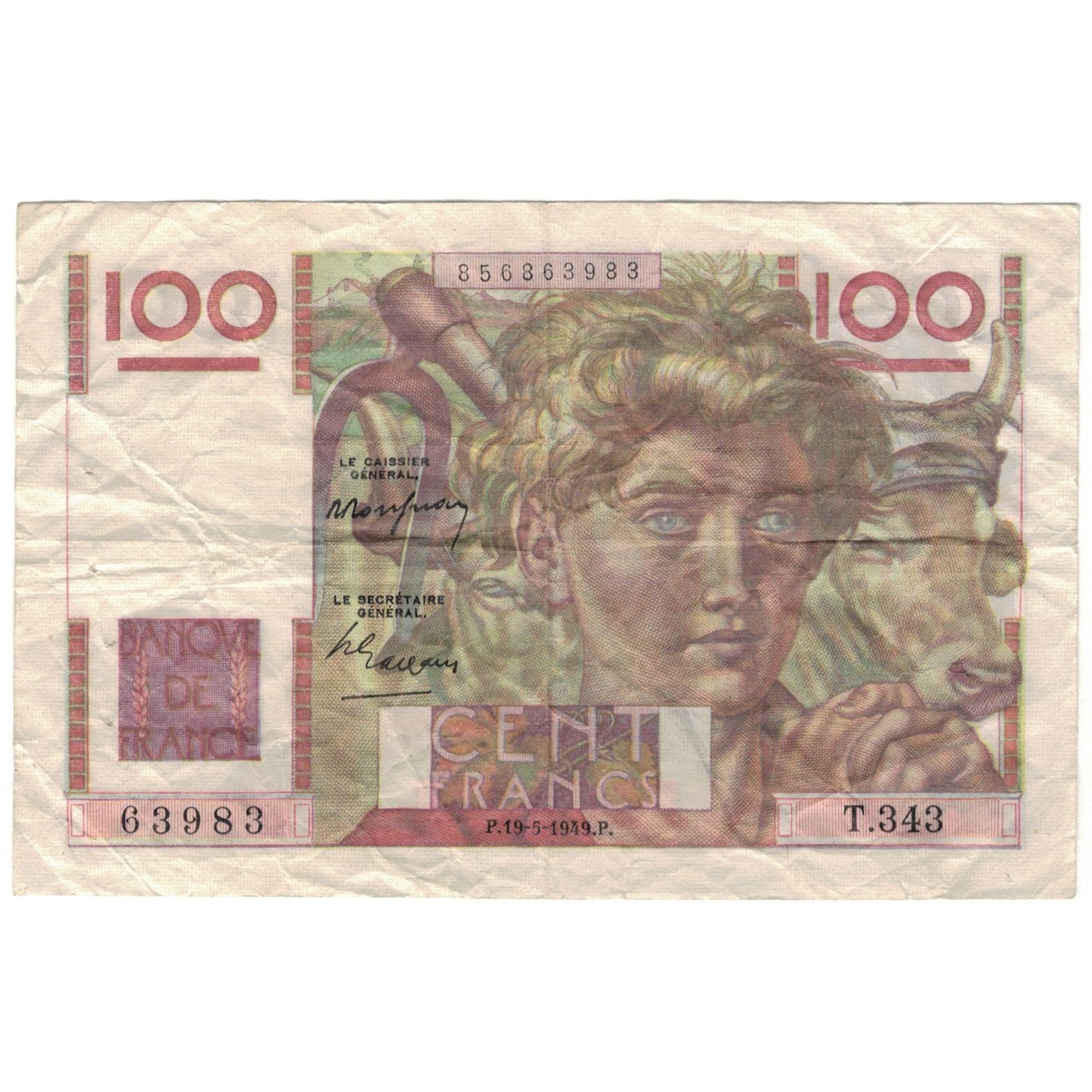 France, 100 Francs, Jeune Paysan, 1949, 1949-05-19, TB, Fayette:28.24, KM:128b