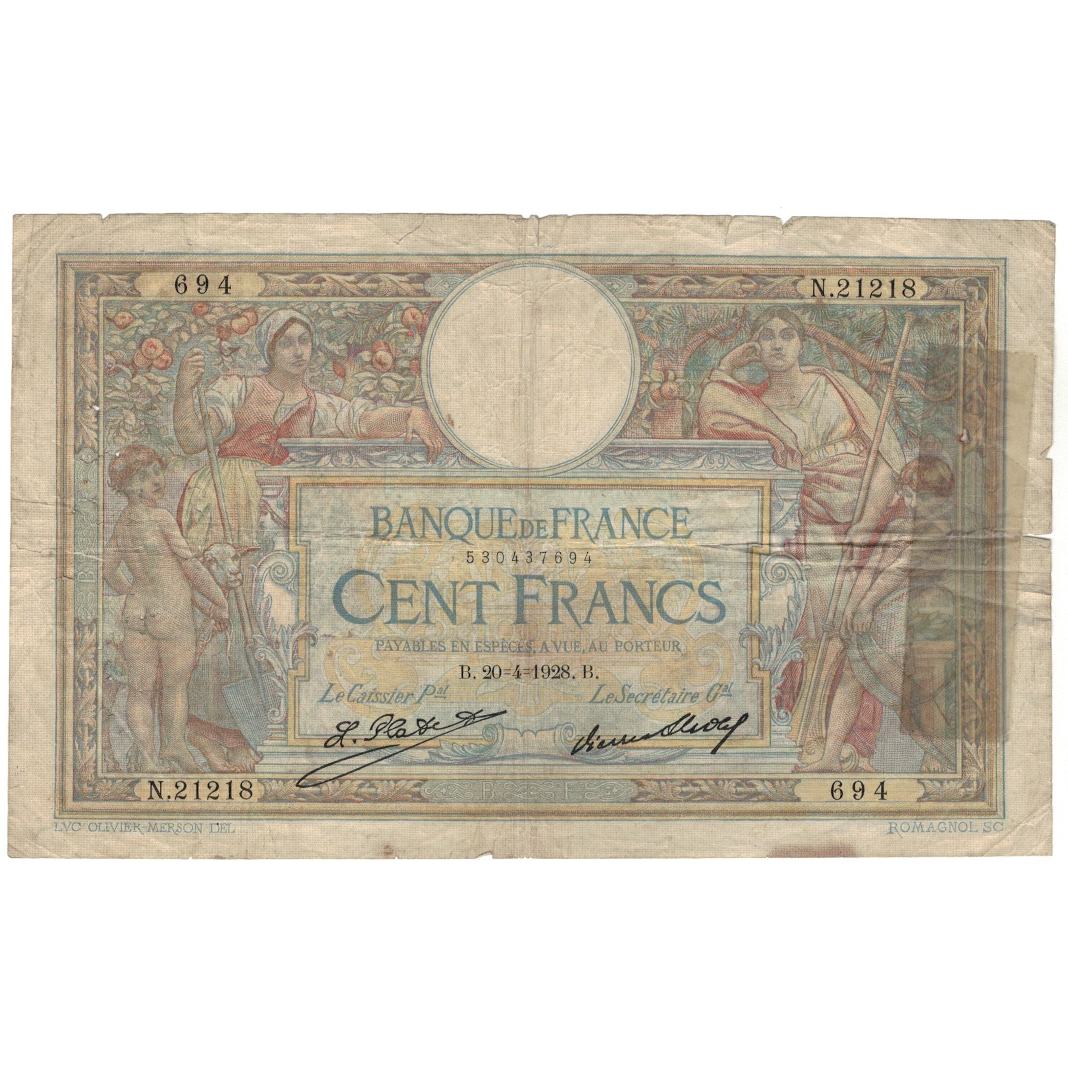 France, 100 Francs, 1928, 1928-04-26, VG(8-10), Fayette:24.7, KM:78b